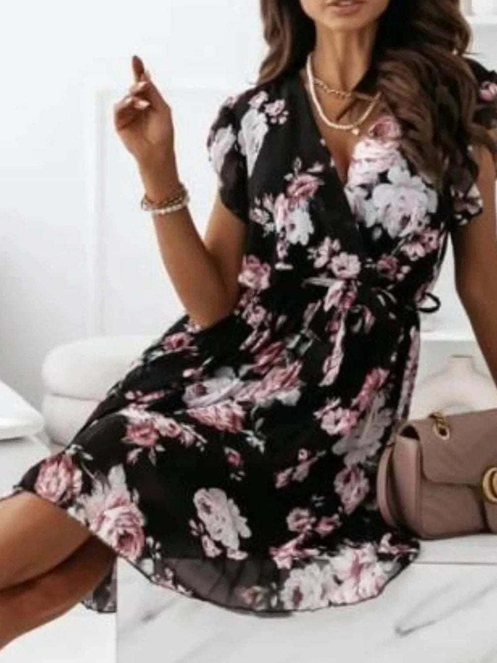 Floral Surplice Ruffled Cap Sleeve Dress - Trendsi - Flyclothing LLC