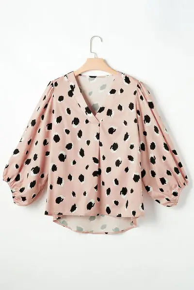 Contrast Animal Print V-Neck Long Sleeve Blouse - Trendsi - Flyclothing LLC