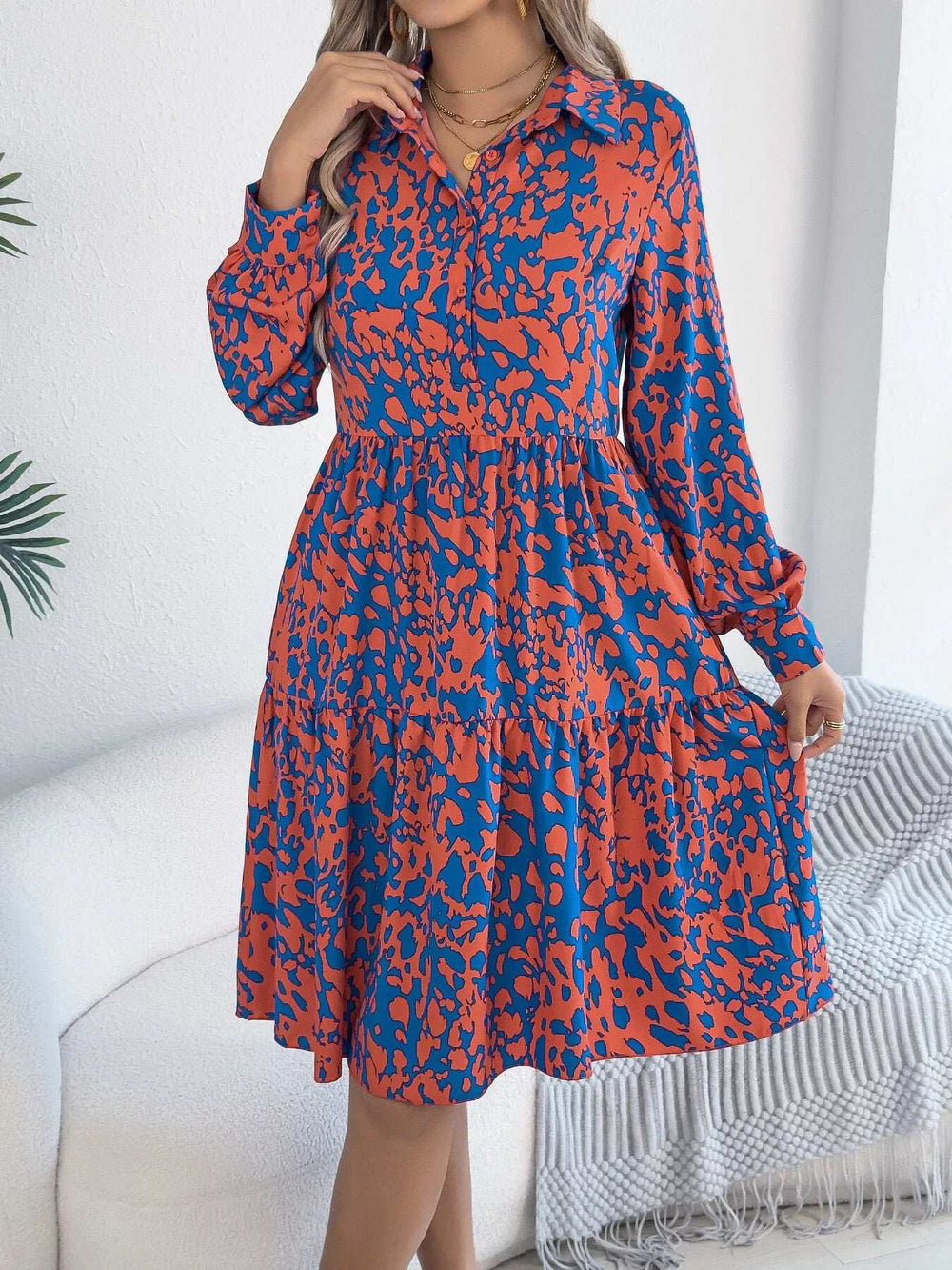 Printed Collared Neck Long Sleeve Dress - Trendsi - Flyclothing LLC