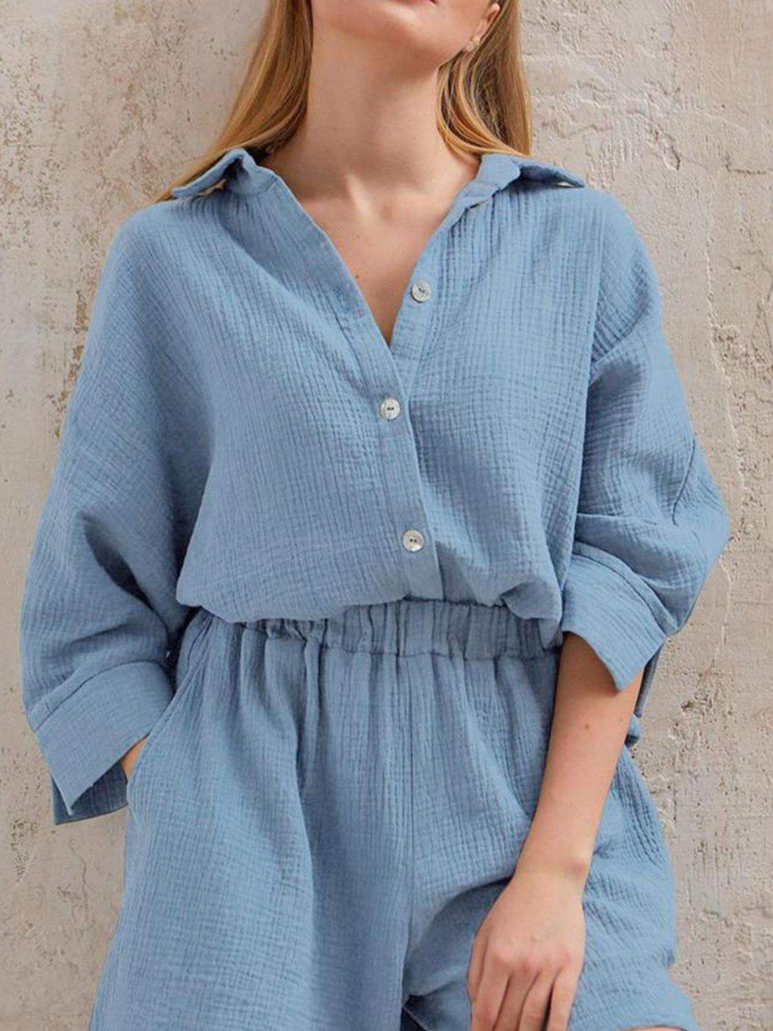 Texture Button Up Shirt and Shorts Set - Trendsi - Flyclothing LLC