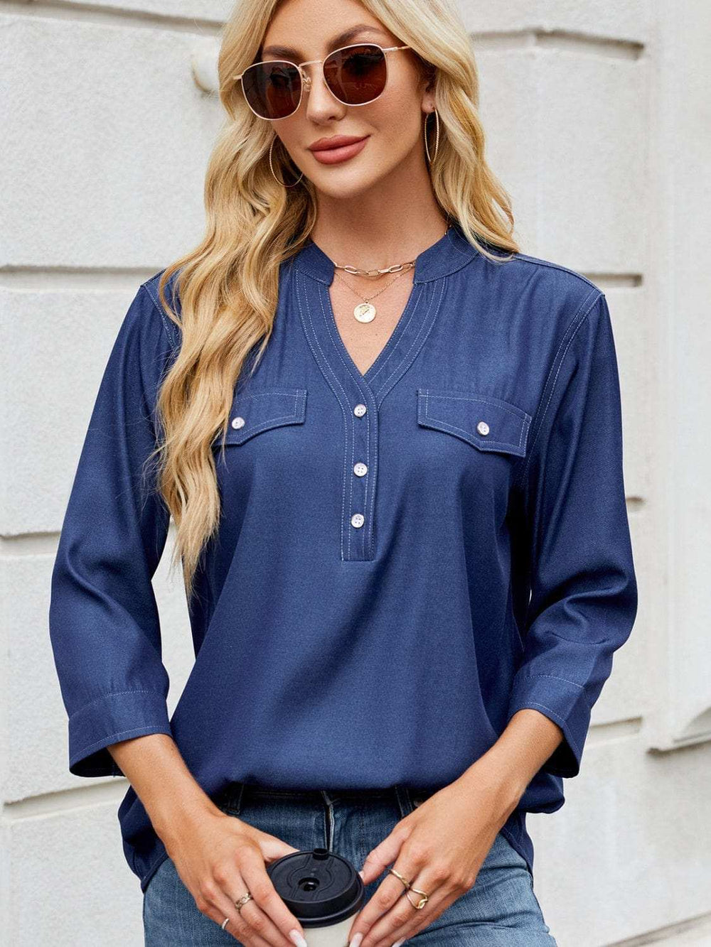 Notched Three-Quarter Sleeve Denim Top - Trendsi - Flyclothing LLC