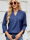 Notched Three-Quarter Sleeve Denim Top - Trendsi - Flyclothing LLC