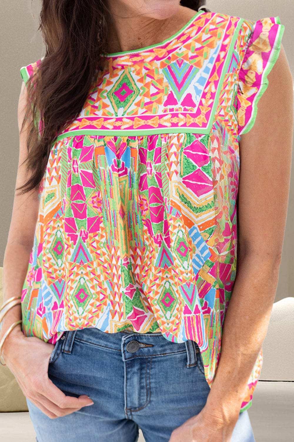 Ruffled Printed Round Neck Cap Sleeve Blouse - Trendsi - Flyclothing LLC