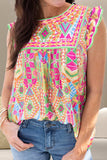 Ruffled Printed Round Neck Cap Sleeve Blouse - Trendsi - Flyclothing LLC