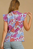 Umgee Full Size Floral Print Ruffled Cap Sleeve Blouse Plus Size - Trendsi - Flyclothing LLC
