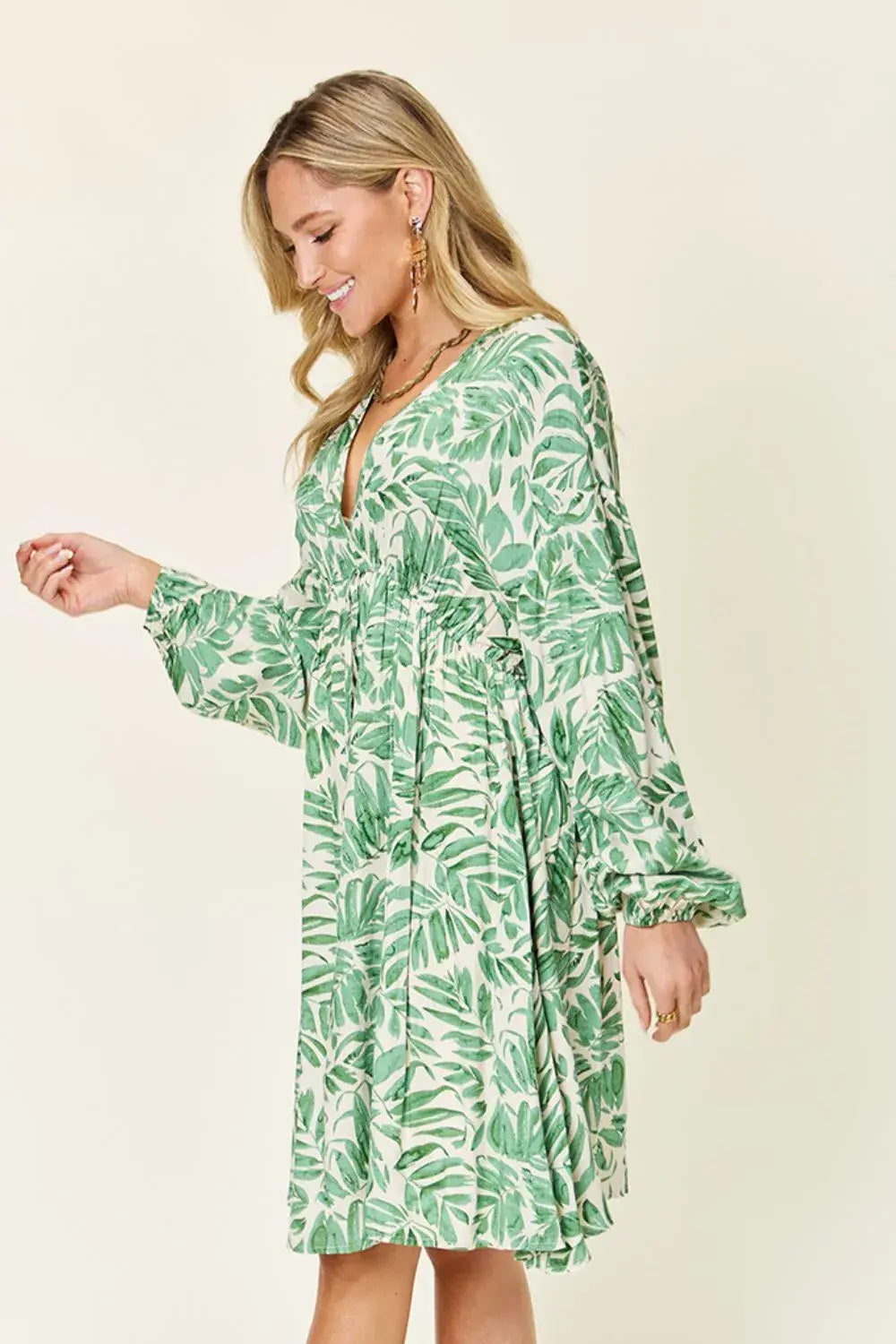 Double Take Full Size Printed Ruched Balloon Sleeve Dress - Trendsi - Flyclothing LLC