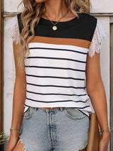 Lace Detail Striped Round Neck Cap Sleeve T-Shirt - Trendsi - Flyclothing LLC