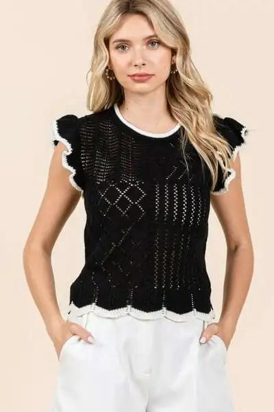 Mittoshop Openwork Contrast Trim Ruffled Cap Sleeve Knit Top - Trendsi