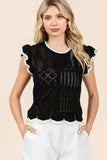 Mittoshop Openwork Contrast Trim Ruffled Cap Sleeve Knit Top - Trendsi