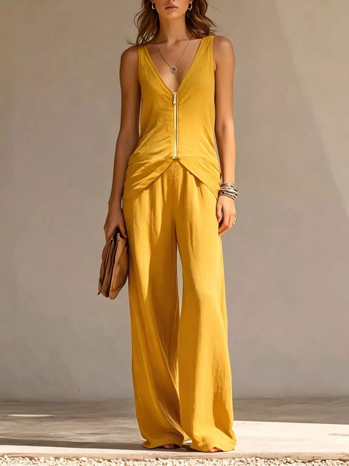 Full Size Zipper Front Tank and Wide-Leg Pants Set Plus Size - Trendsi - Flyclothing LLC