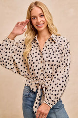 BiBi Polka Dot Print Tie Hem Detail Crop Shirt - Trendsi - Flyclothing LLC