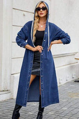 Button Up Long Sleeve Longline Hooded Denim Outerwear - Trendsi - Flyclothing LLC