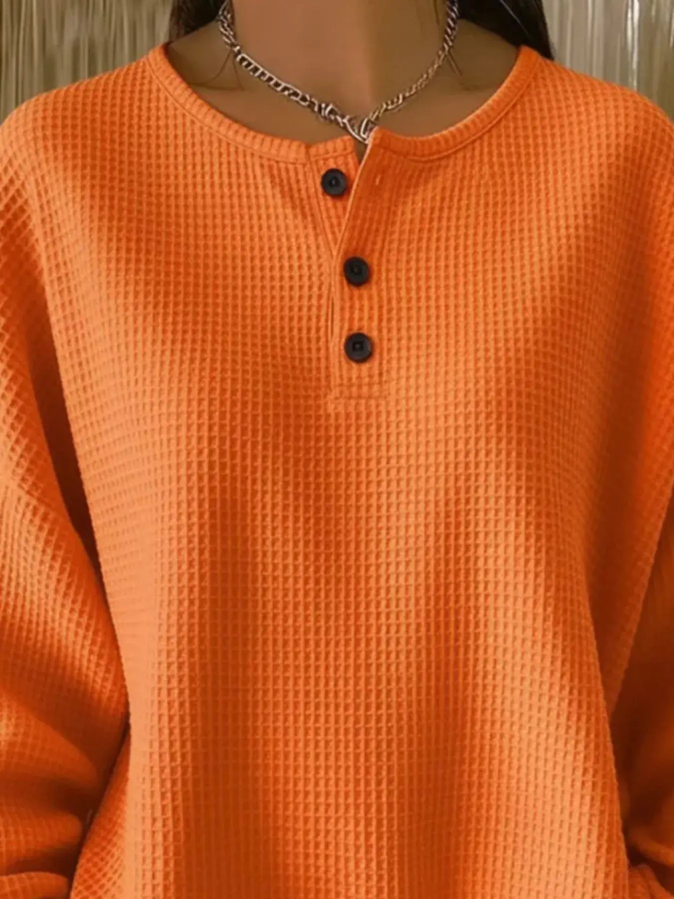 Full Size Casual Waffle Knit Button Detail Pullover Plus Size - Trendsi - Flyclothing LLC