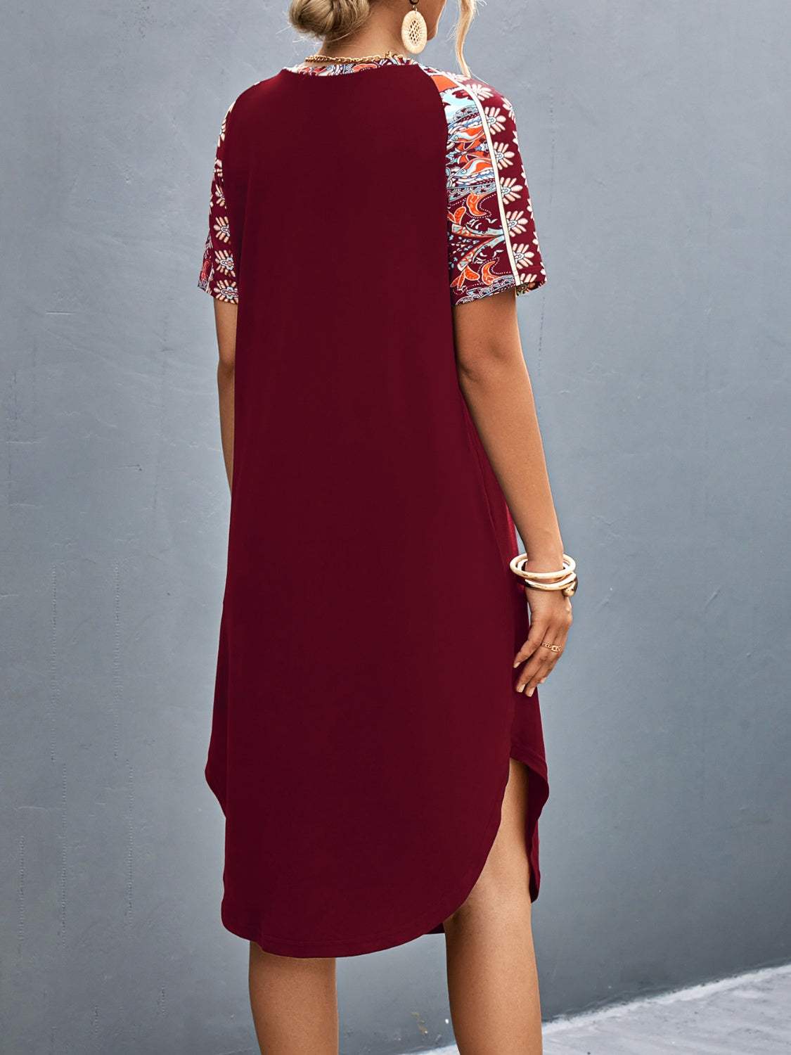 Printed V-Neck Short Sleeve Dress - Trendsi - Flyclothing LLC