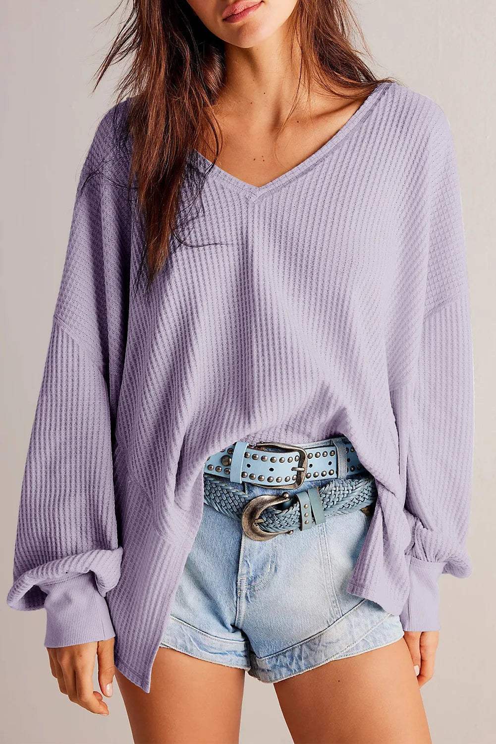 Waffle-Knit V-Neck Long Sleeve Top - Trendsi - Flyclothing LLC