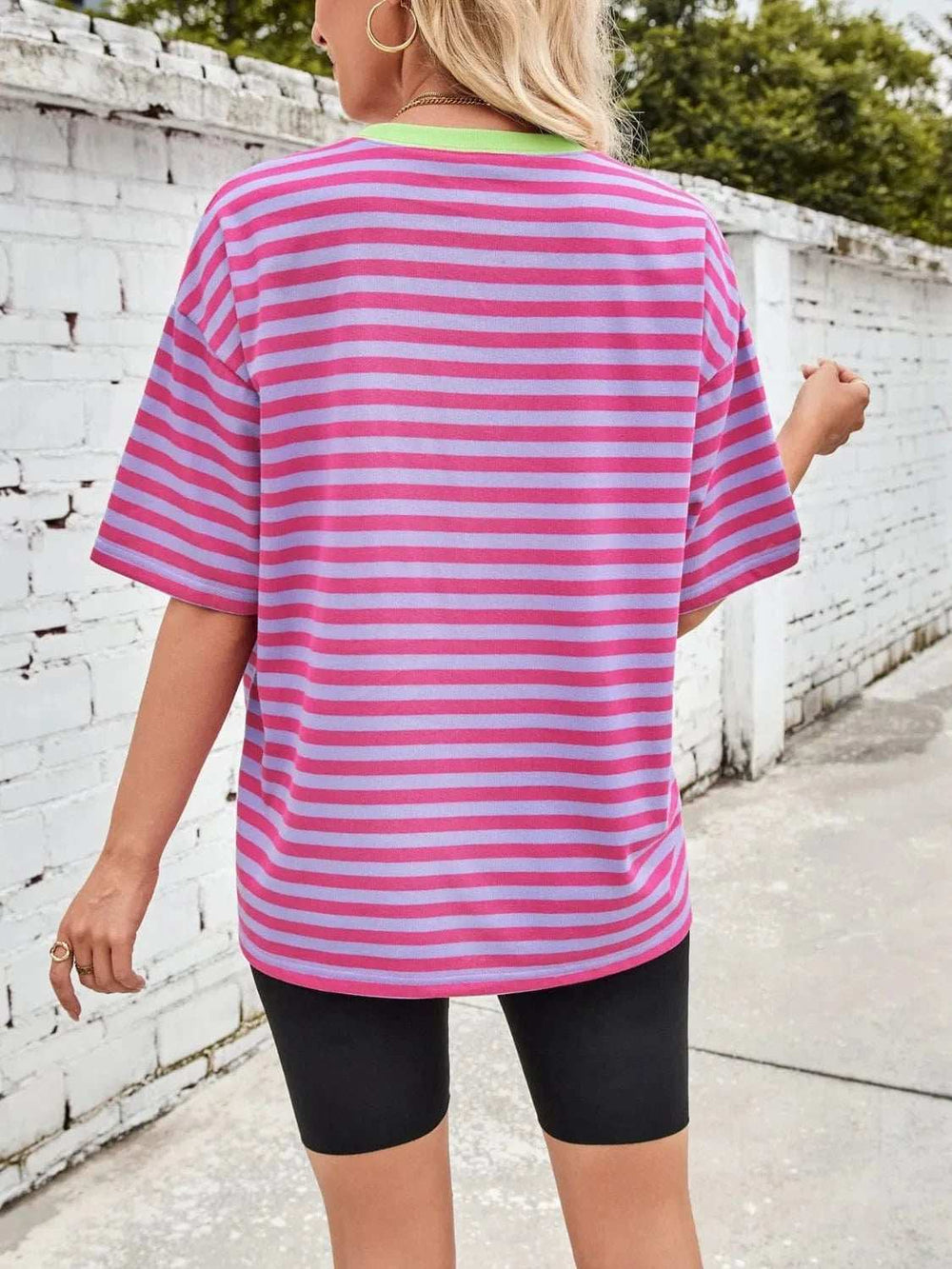 Contrast Striped Round Neck T-Shirt - Trendsi - Flyclothing LLC