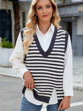 Slit V-Neck Striped Sweater Vest - Trendsi
