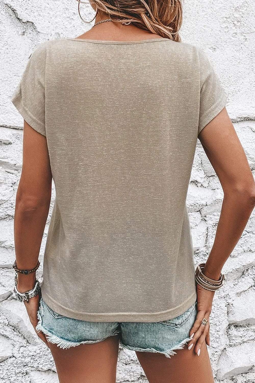 Decorative Button Graphic Round Neck Short Sleeve T-Shirt - Trendsi - Flyclothing LLC