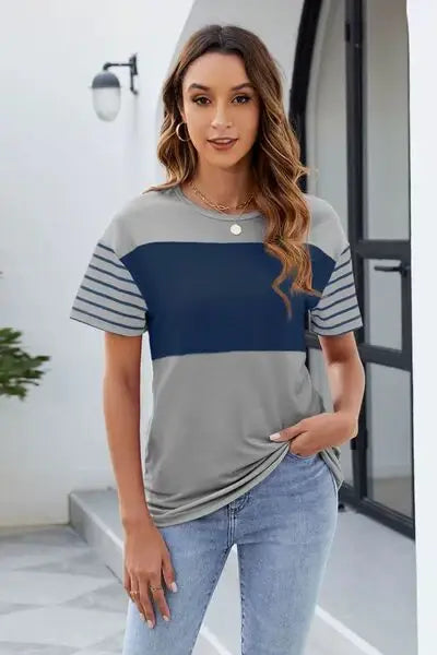 Color Block Round Neck Short Sleeve T-Shirt - Trendsi - Flyclothing LLC