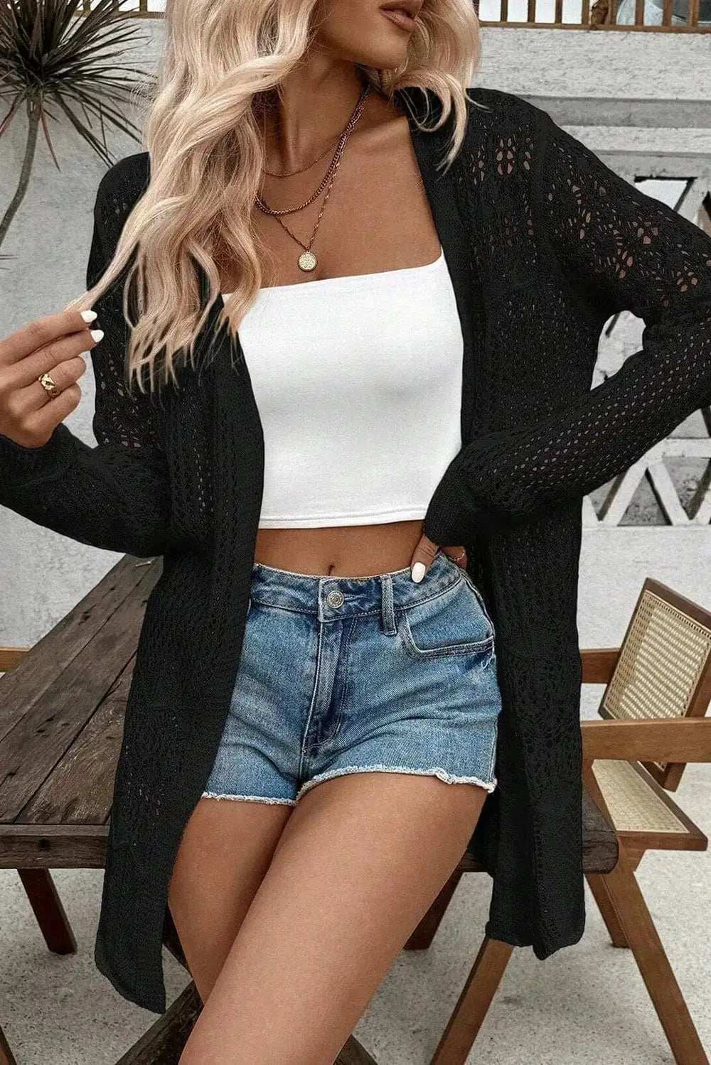Openwork Open Front Long Sleeve Cardigan - Trendsi - Flyclothing LLC