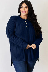 Basic Bae Full Size Ribbed Half Button Long Sleeve High-Low T-Shirt - ShopBasicbae - Flyclothing LLC
