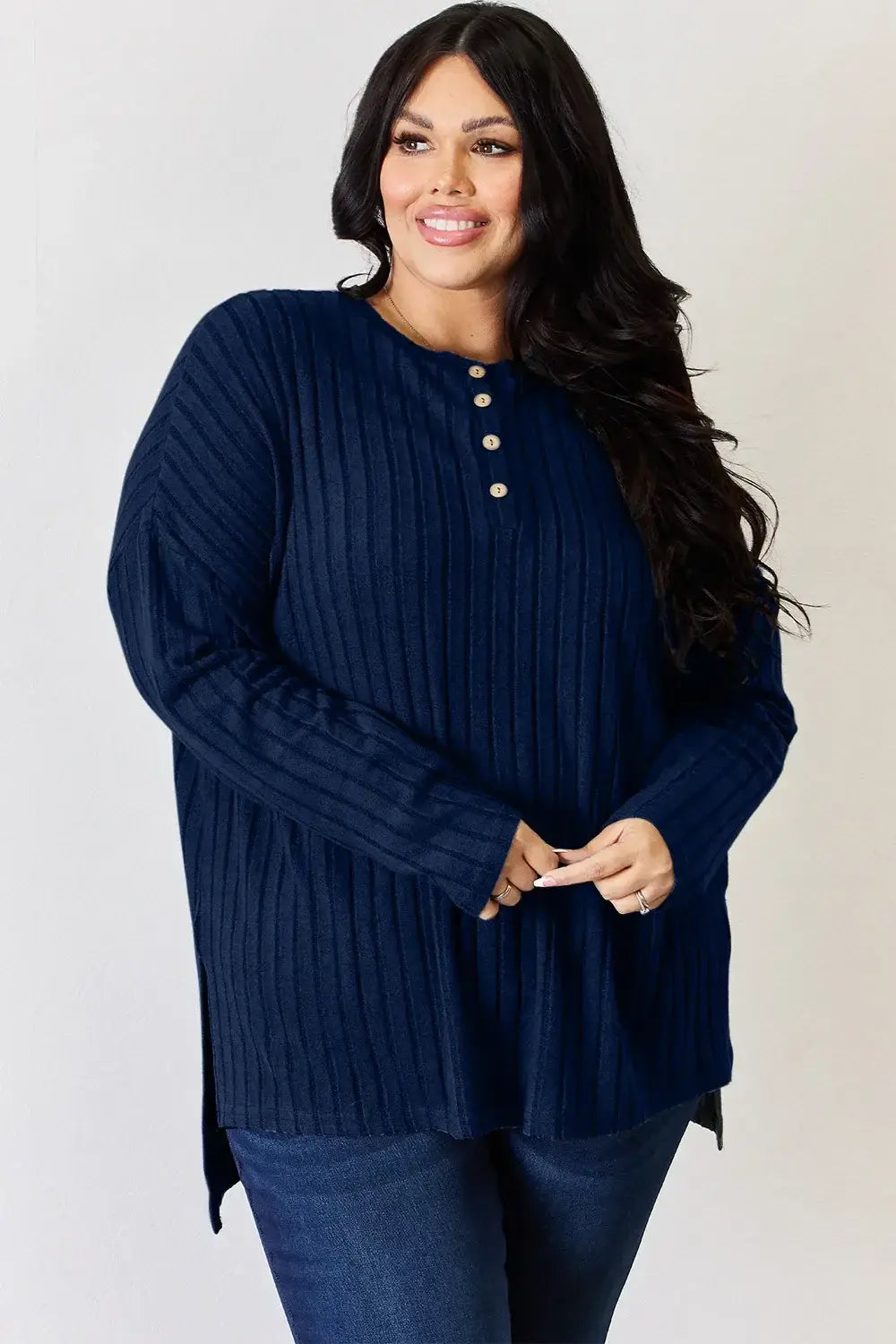 Basic Bae Full Size Ribbed Half Button Long Sleeve High-Low T-Shirt - ShopBasicbae - Flyclothing LLC