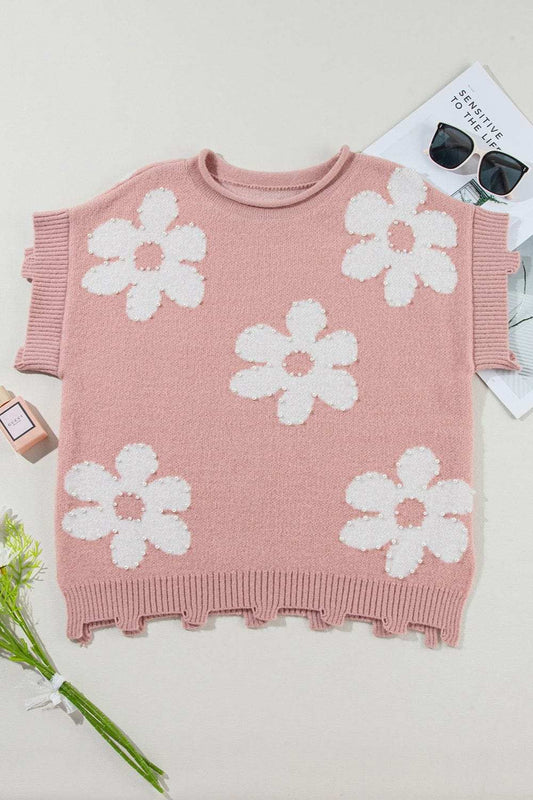 Pearl Trim Round Neck Short Sleeve Sweater - Trendsi - Flyclothing LLC