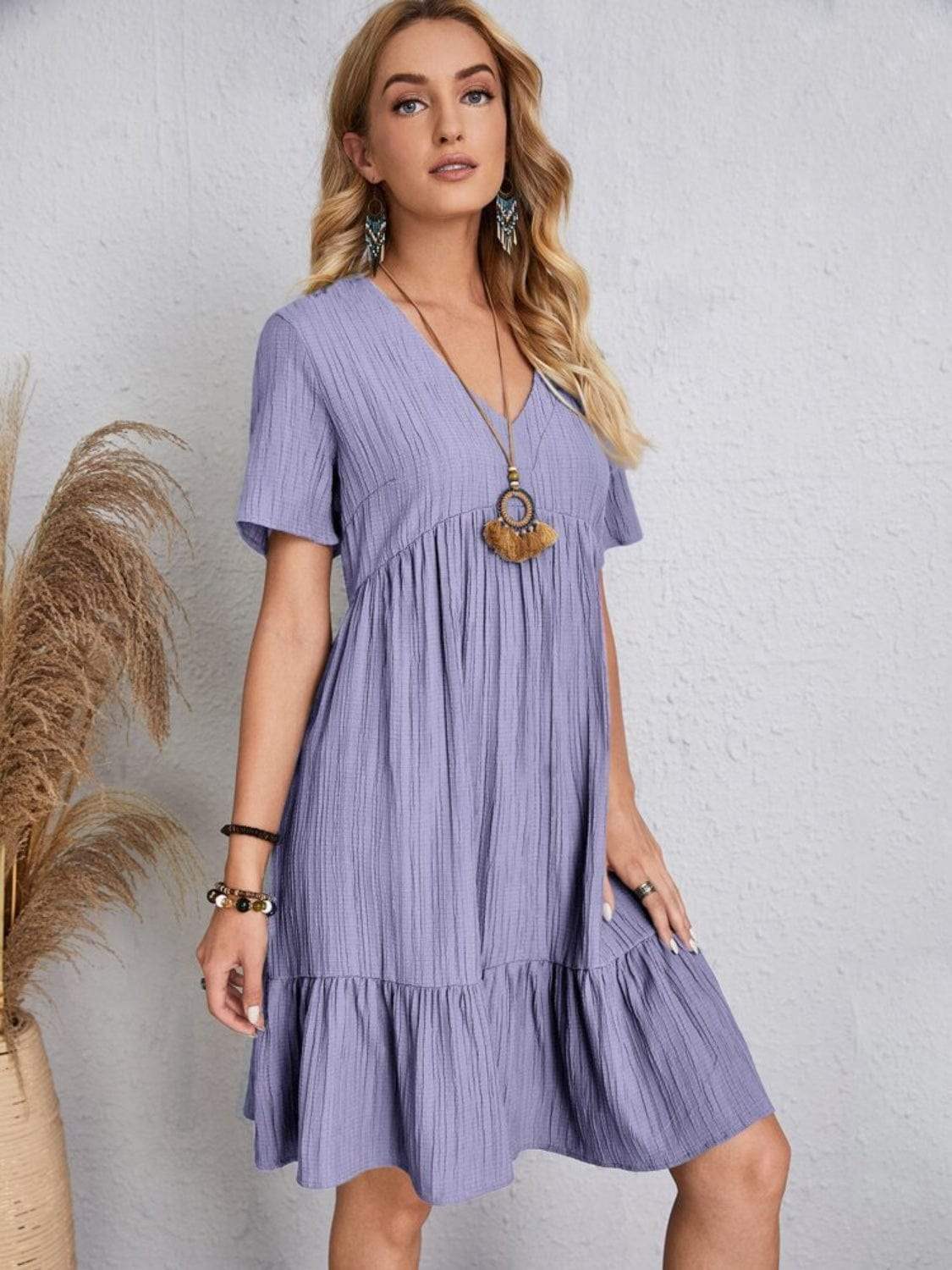 Full Size V-Neck Short Sleeve Dress - Trendsi - Flyclothing LLC