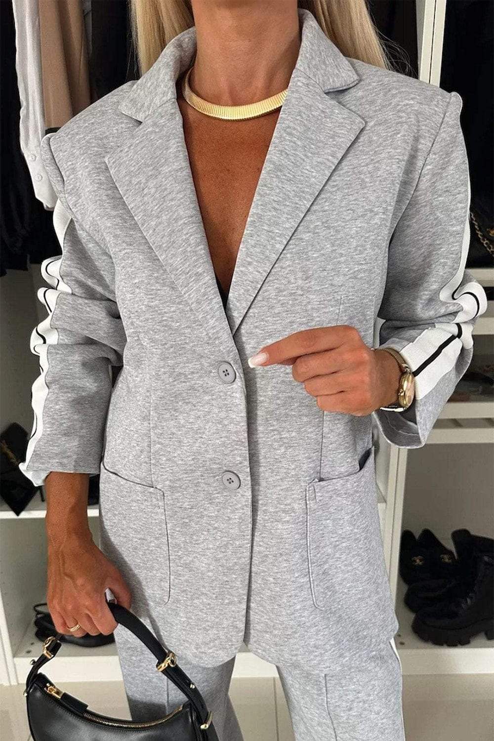 Full Size Contrast Lapel Collar Top and Pants Set - Trendsi - Flyclothing LLC