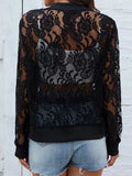 Sheer Lace Zip Up Long Sleeve Jacket - Trendsi
