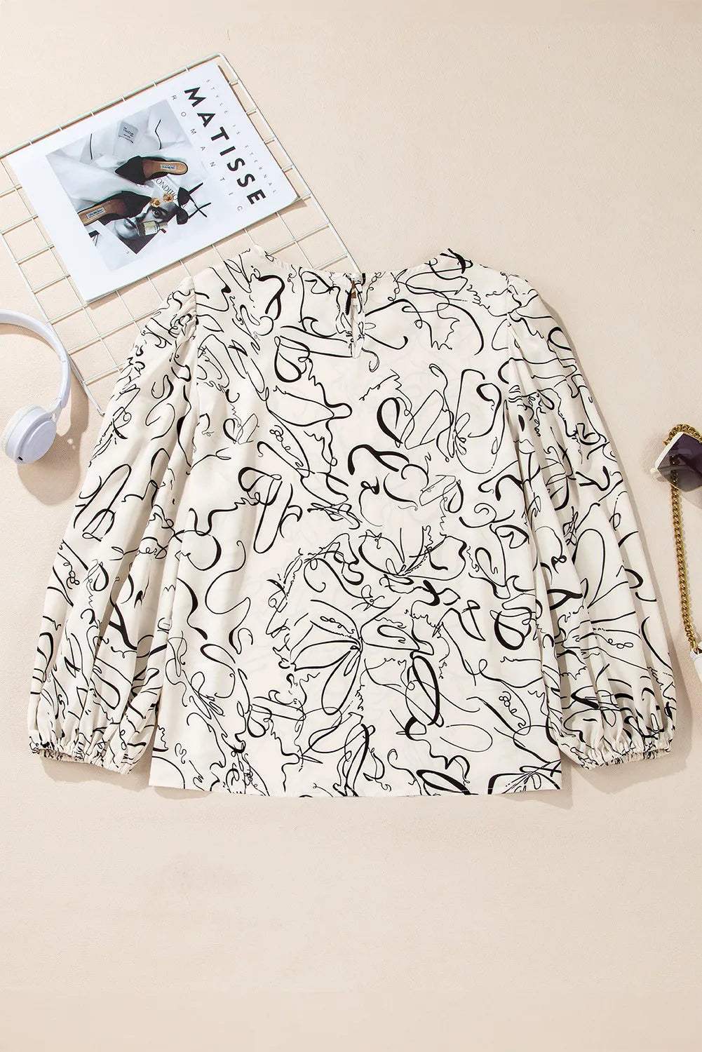 Printed Round Neck Three-Quarter Sleeve Blouse - Trendsi - Flyclothing LLC