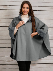 Fuzzy Trim Long Sleeve Poncho - Trendsi