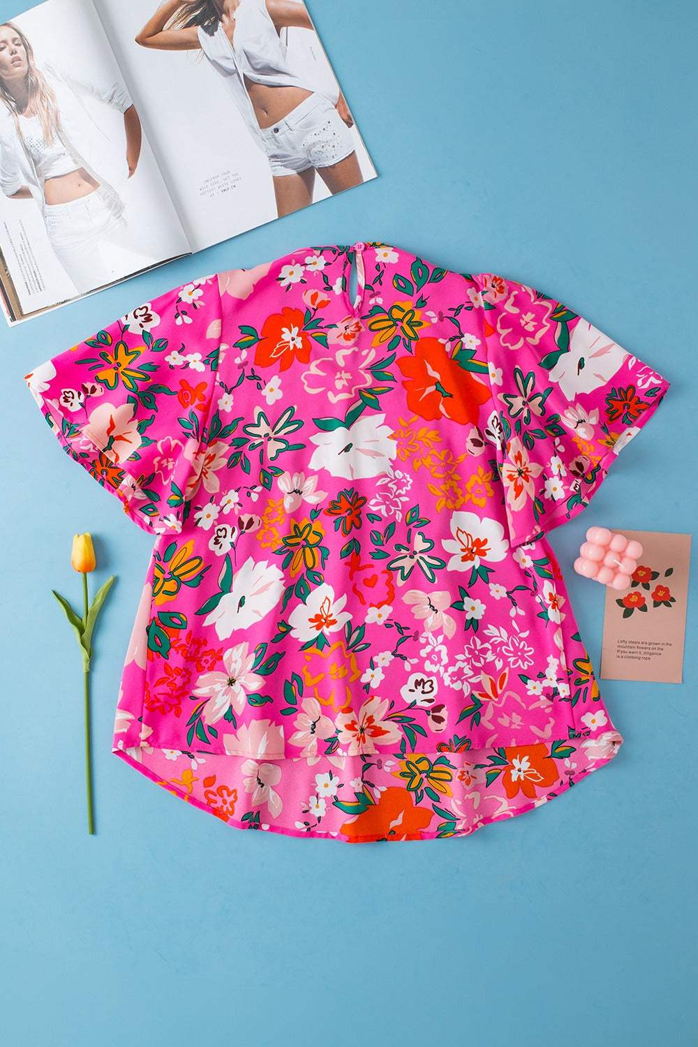 Smocked Printed Round Neck Half Sleeve Blouse - Trendsi - Flyclothing LLC