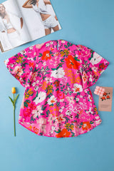 Smocked Printed Round Neck Half Sleeve Blouse - Trendsi - Flyclothing LLC