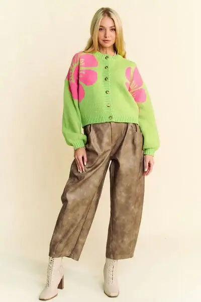 Davi & Dani Flower Contrast Round Neck Long Sleeve Cardigan - Trendsi - Flyclothing LLC