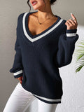 Contrast Trim V-Neck Long Sleeve Sweater - Trendsi - Flyclothing LLC