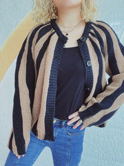Contrast Stripes Button Down Long Sleeve Cardigan - Trendsi