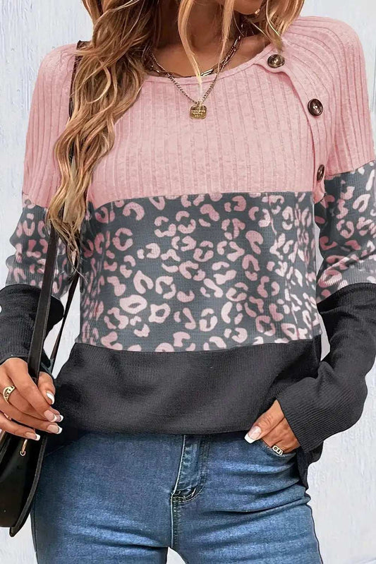 Leopard Round Neck Long Sleeve Top - Trendsi - Flyclothing LLC