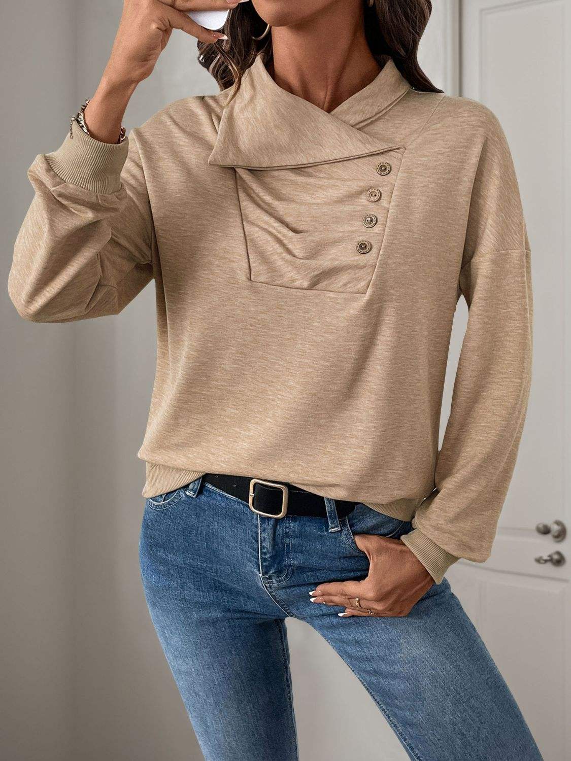 Perfee Asymmetric Mock Neck Long Sleeve Sweatshirt - Trendsi - Flyclothing LLC