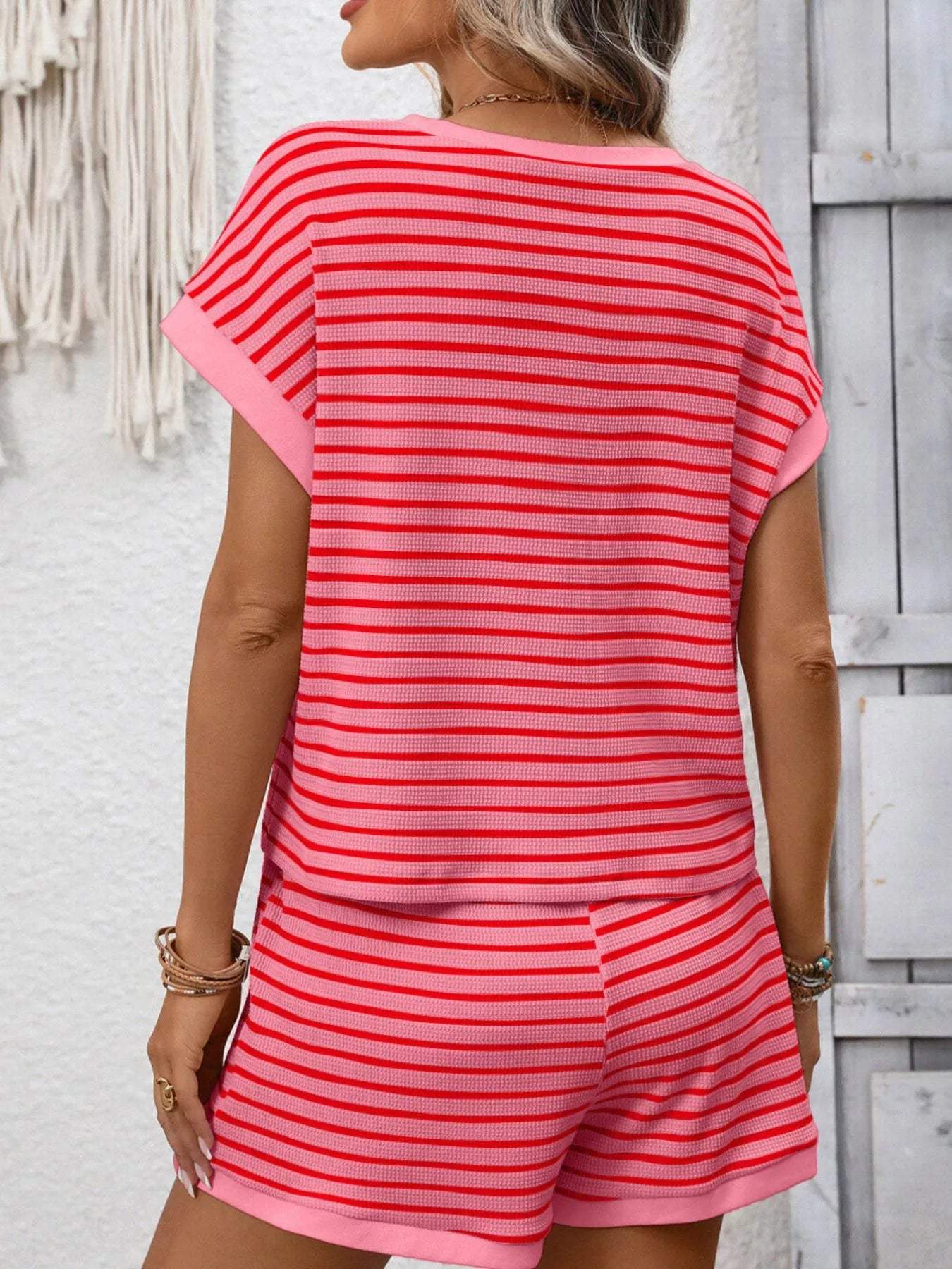 Striped Casual Round Neck Top and Shorts Set - Trendsi - Flyclothing LLC