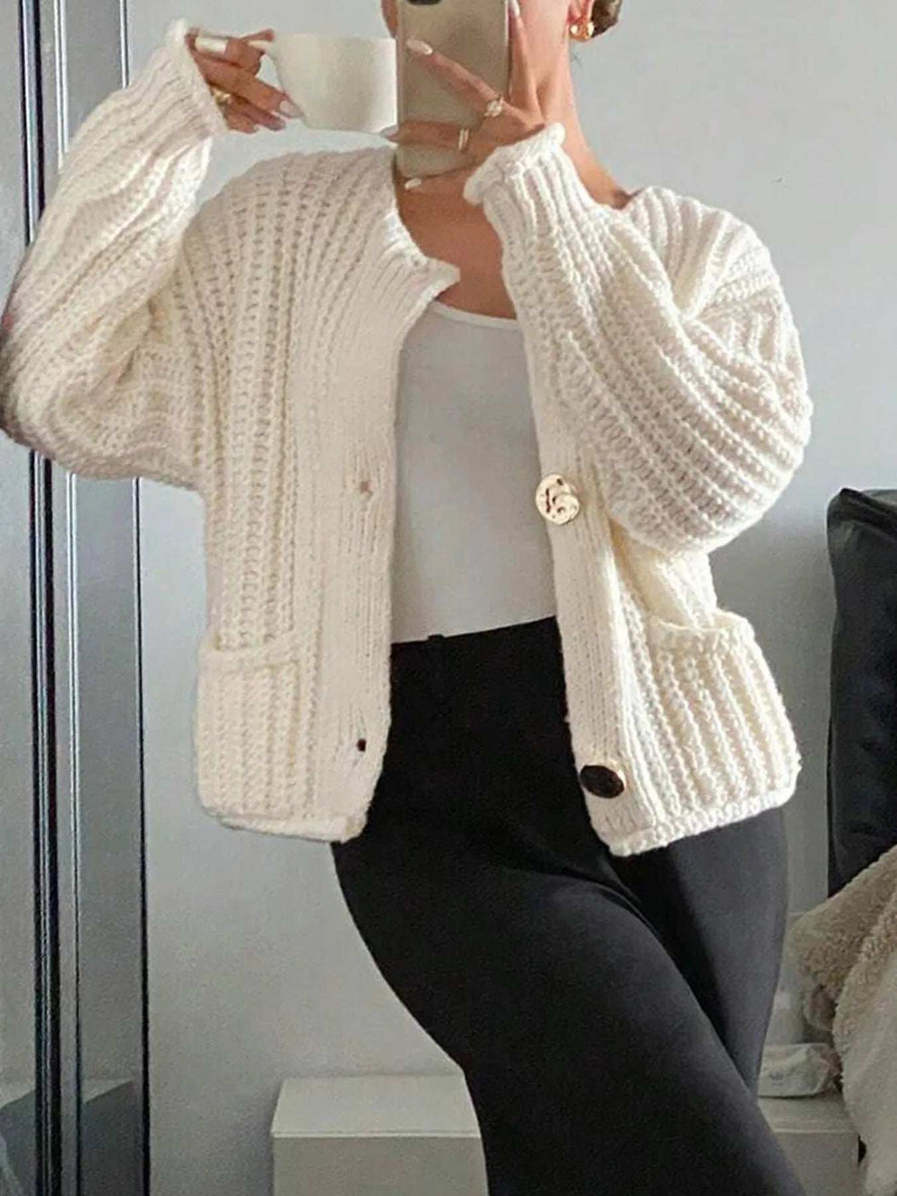 Button-Front Knit Cardigan with Pockets - Trendsi - Flyclothing LLC
