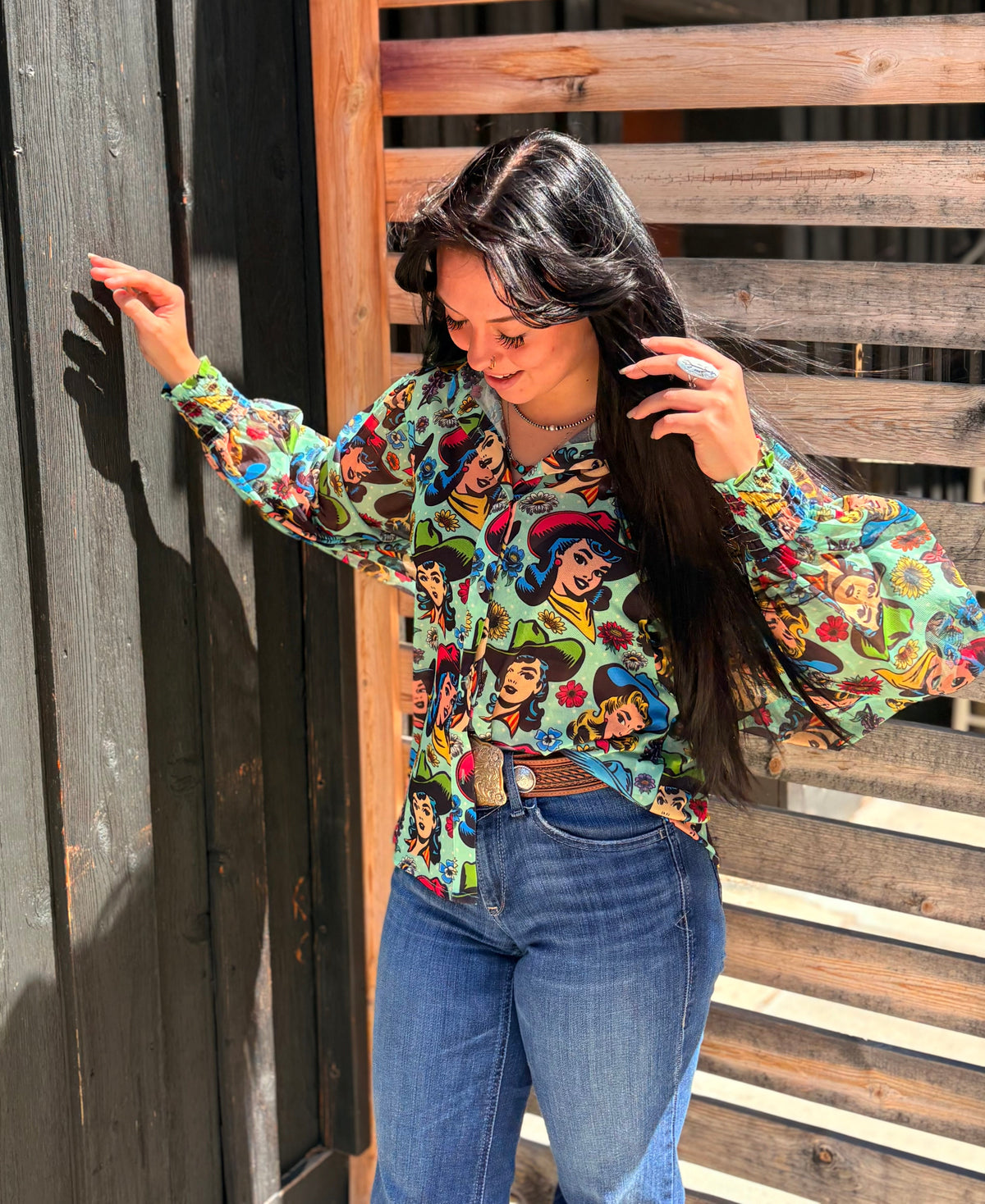 Texas Hold 'Em Retro Comic Cowgirl Button Up Mesh Blouse