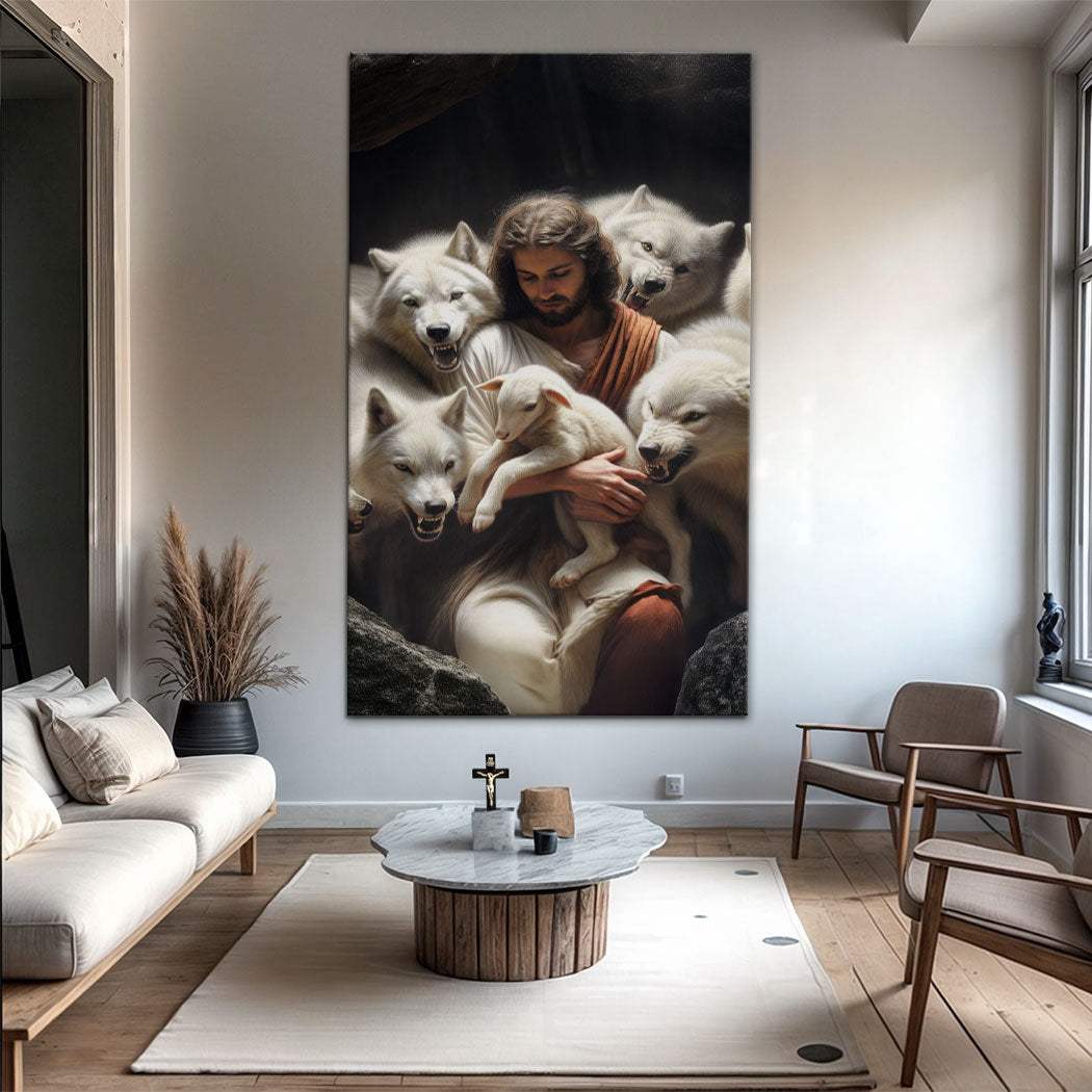 Jesus Protects The Lamb From Wolves Faith Wall Art - Tailored Canvases - Flyclothing LLC
