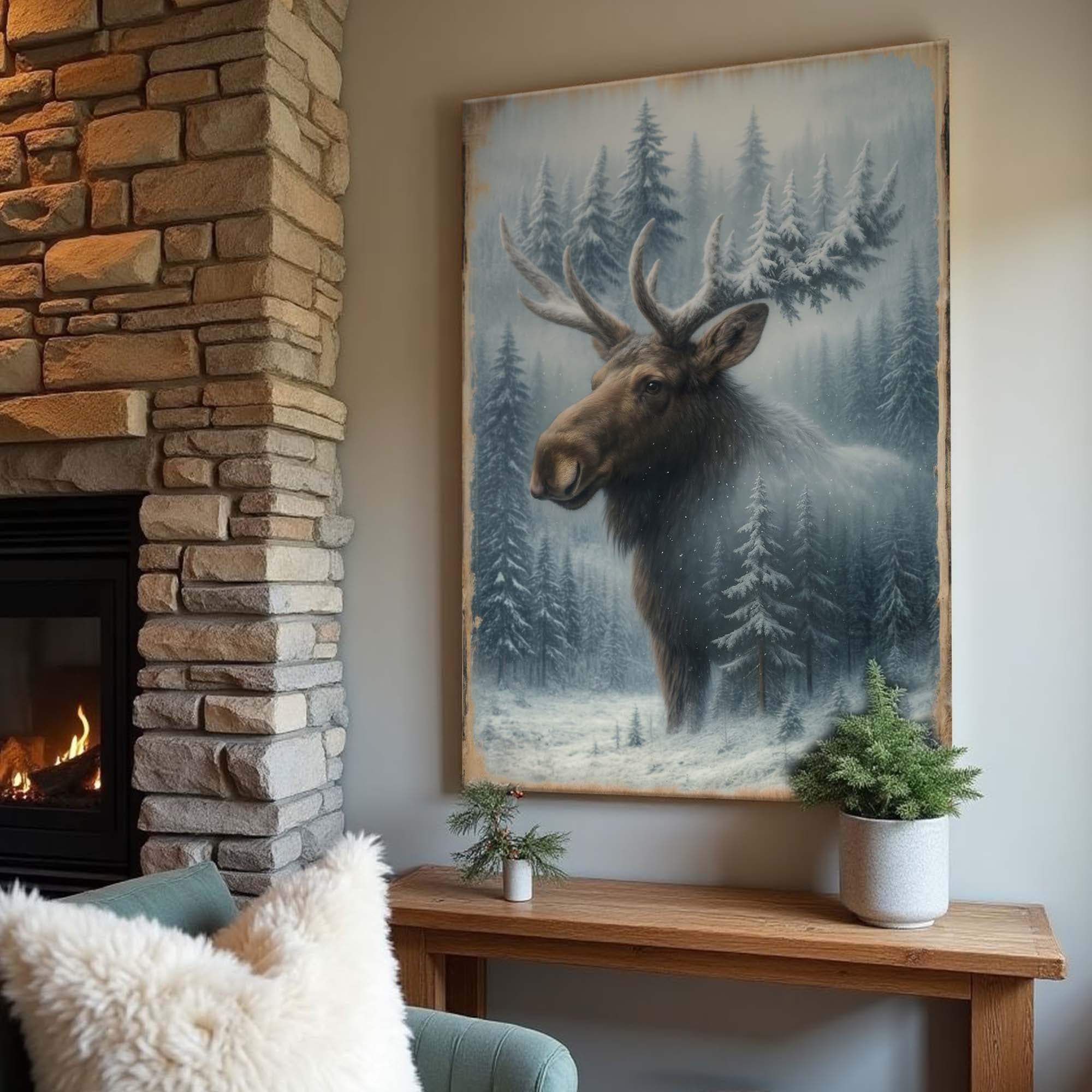 Snowy Forest Moose Double Exposure Wall Art - Tailored Canvases - Flyclothing LLC