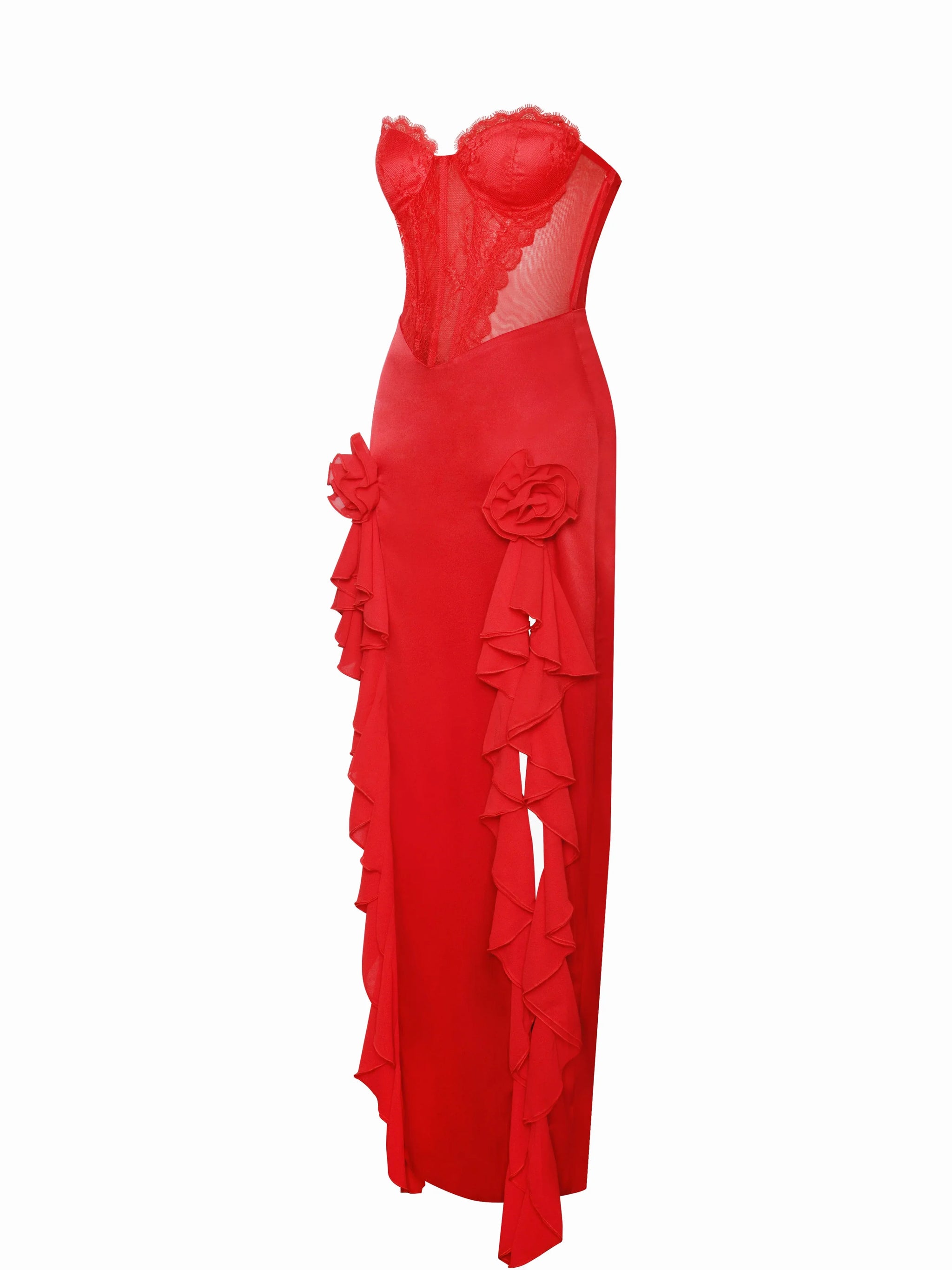 Talia Red Satin Lace Corset Maxi Dress - Miss Circle - Flyclothing LLC