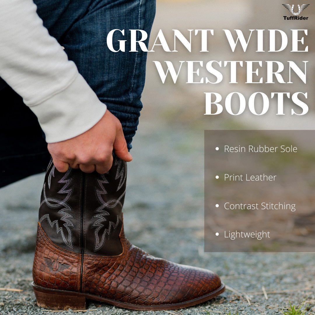 TuffRider Men's Grant Leather Printed Wide Square Toe Western Boots