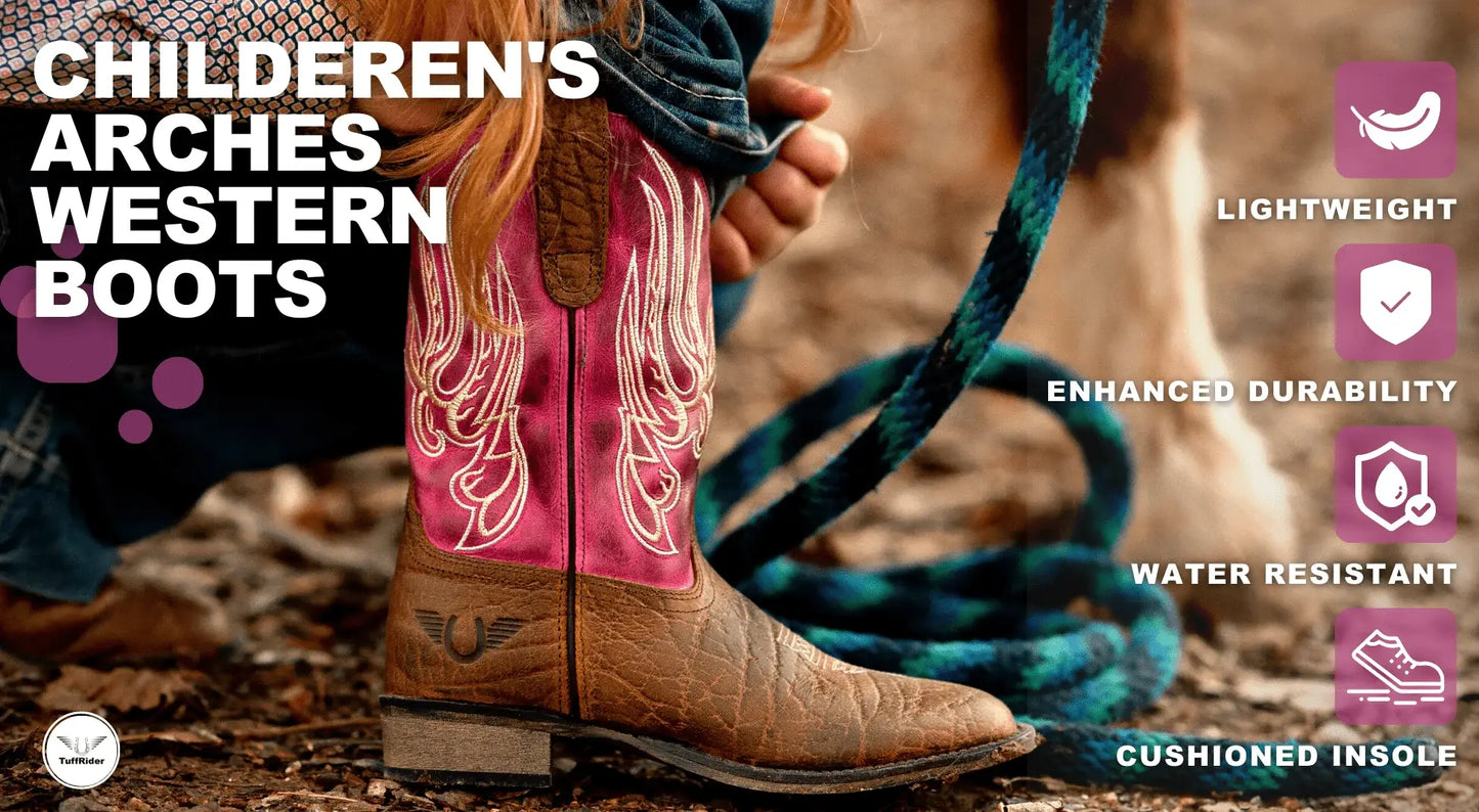 TuffRider Children Arches Flame Embroidered Pink Shaft Square Toe Western Boots - Breeches.com - Flyclothing LLC