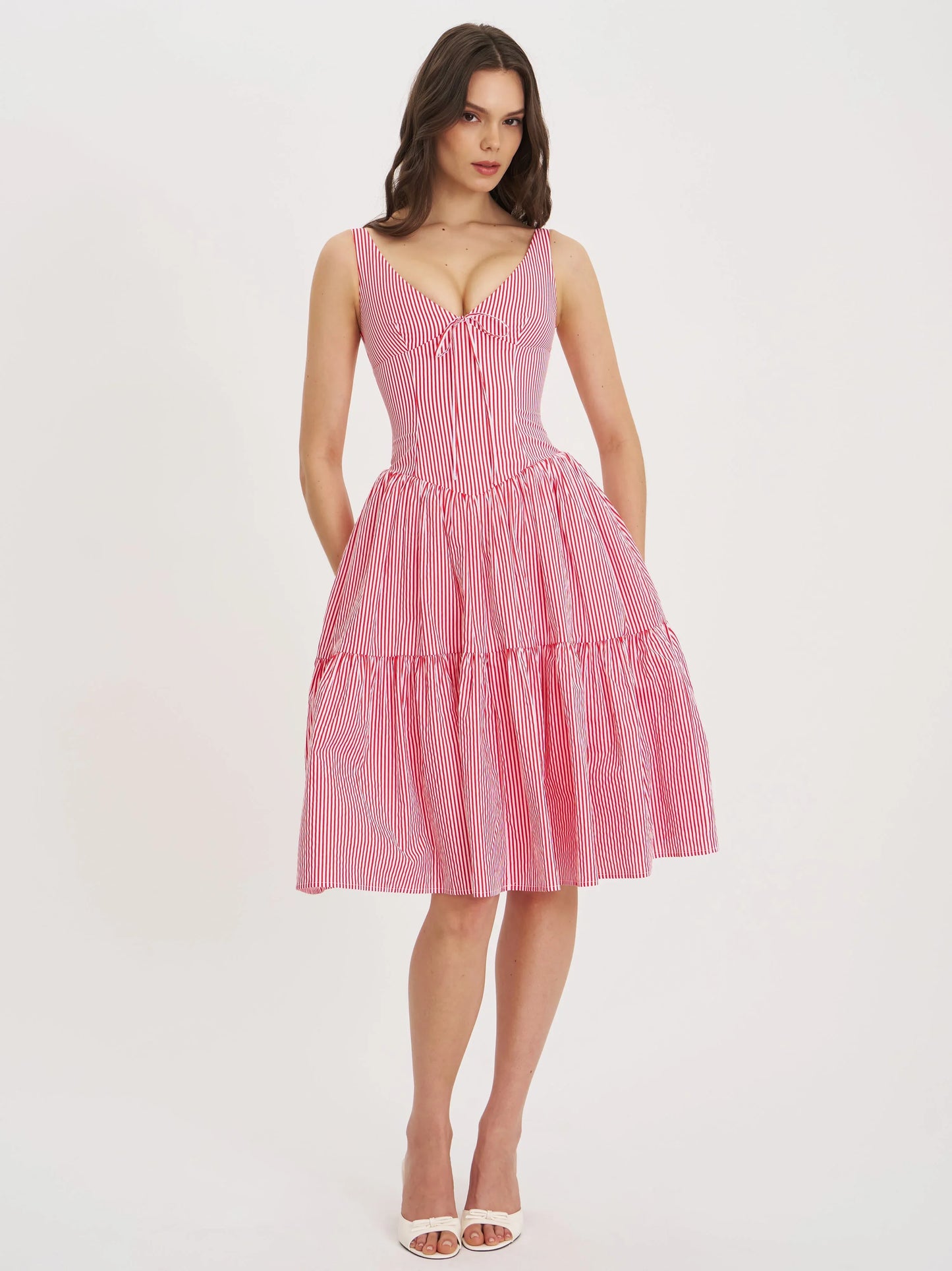 Oceana Red Candy Stripe Drop Waist Midi Dress - Miss Circle - Flyclothing LLC