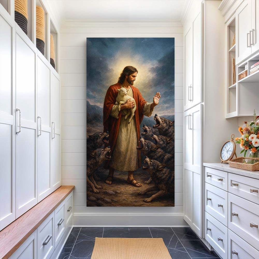 Jesus Protects The Lamb From Wolves Faith Wall Art V - Tailored Canvases - Flyclothing LLC