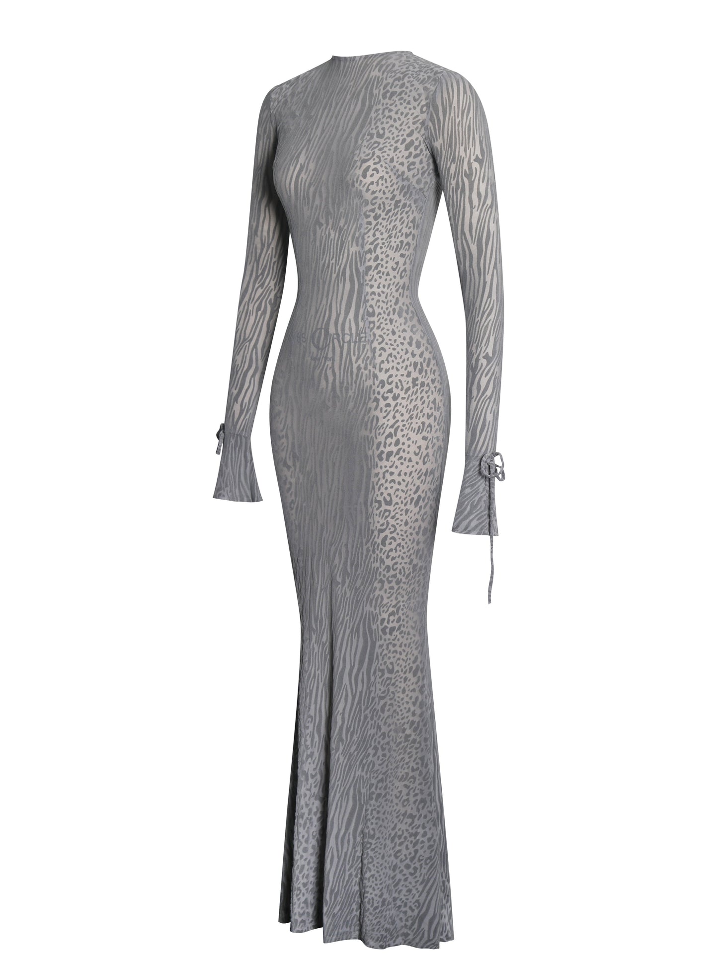 Waylynn Gray Animal Print Burnout Velvet Detail Mesh Backless Maxi Dress